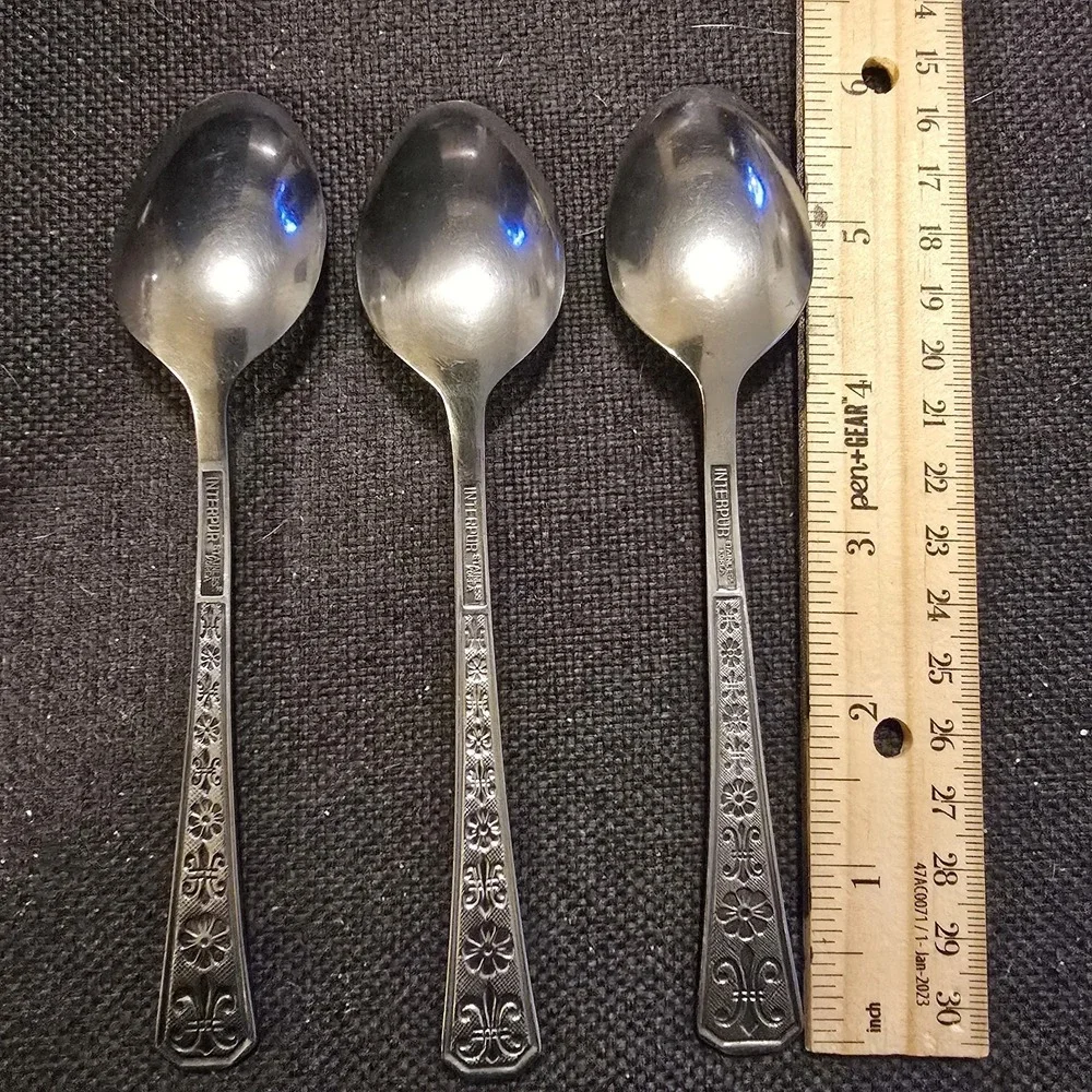 Interpur FLORENZ Stainless 3 Tea Spoons‎ Black Textured 8 Petal Flatware E24G